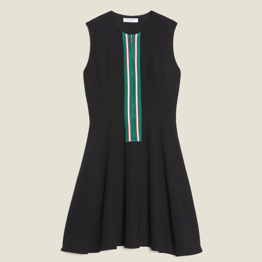 Sandro Paris Black and Green A-line Dress Sleeveless Crew Neck - Picture 4 of 5